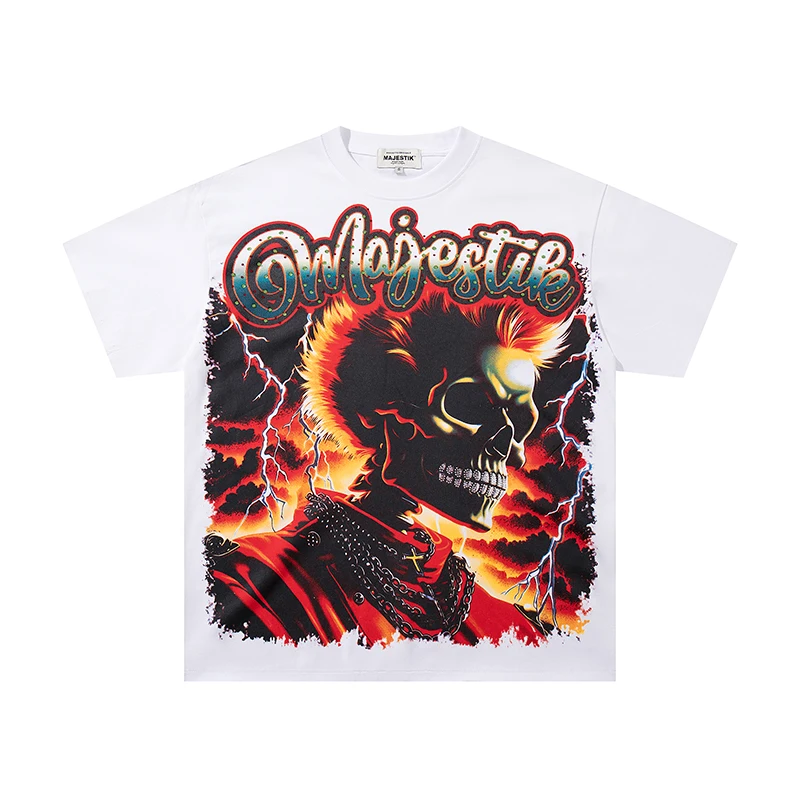 MAJESTIK Short Sleeve Flame Skull Rhinestone Top Trendy Men's Versatile Cotton Tee