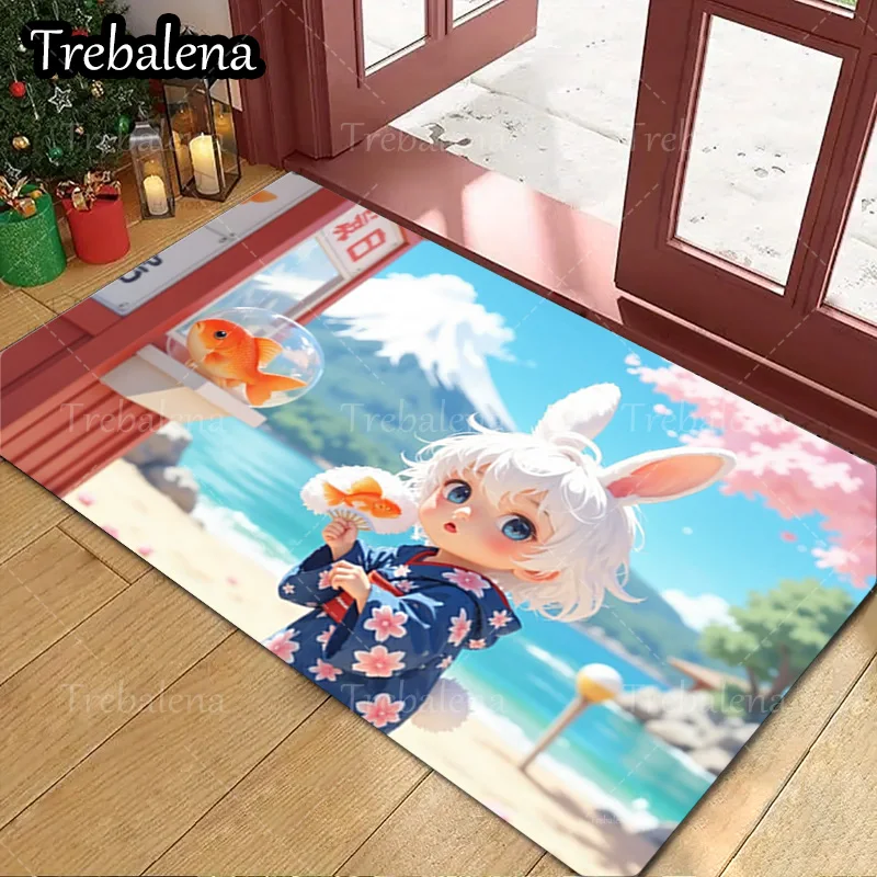 

1pc Welcome Door Mat Cute Anime Girl with Goldfish Summer Beach Scene Doormat