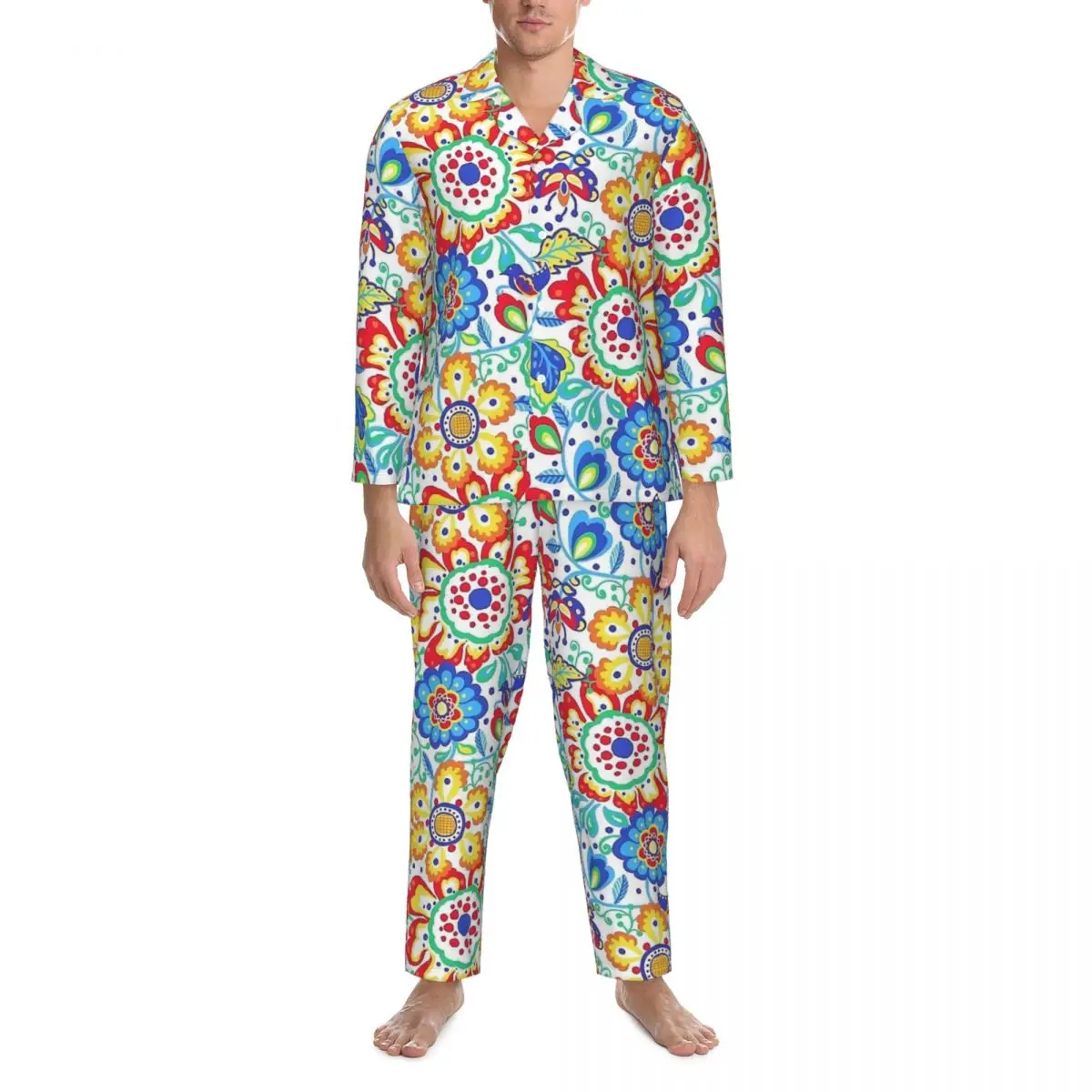 Pyjama à imprimé floral pour hommes, vêtements de nuit de chambre à coucher, ensemble de pyjama deux pièces, décontracté, manches longues, mignon, surdimensionné, trempé à la maison, art populaire