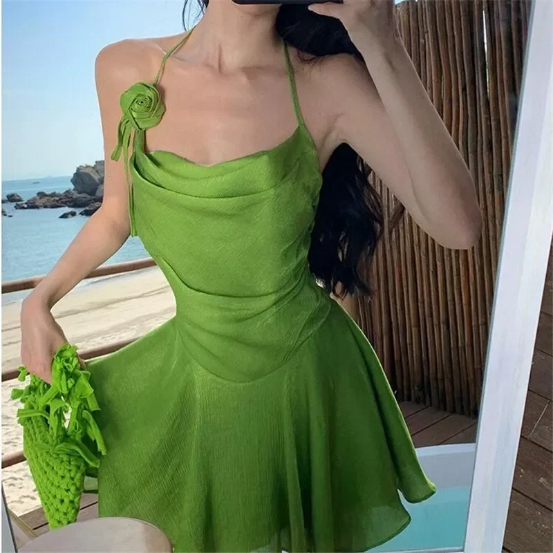 Hotsweet Y2k Girl Women Halter Short Green Mini Dress Summer Fashion Backless Irregular Strap Dress Holiday Beach Short Skirt