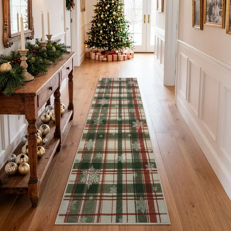 VIKAMA Christmas Hallway Runner Rug Tartan Plaid Snowflake Long Carpet Non Slip Soft Floor Mat For Corridor Home Decor