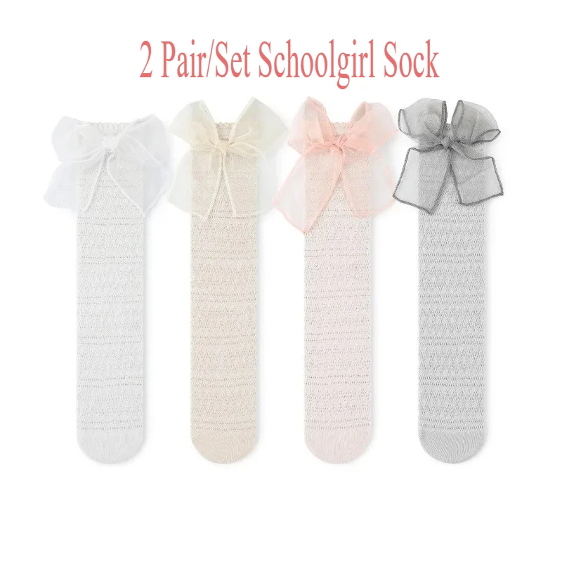 2pair/set Cute Summer Mesh Calf Sock for Kids Girl Jacquard Fashion Bow Ribbon Children's Sock Soft Comed Cotton Schoolgirl Sock