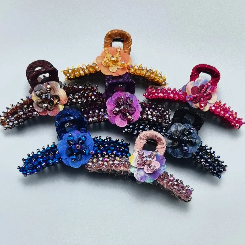 

New arrvial Elegant Flower Hair Claw with Beads Stylish Hair Accessory Hairpin High End Sparkly Beaded Claw Clip