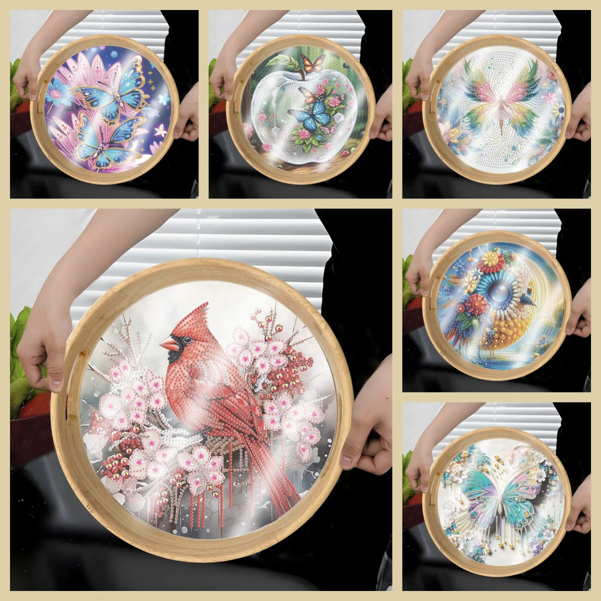 

A set of DIY animal-themed diamond art painting tray kits, featuring a wooden circular drawing board tray
