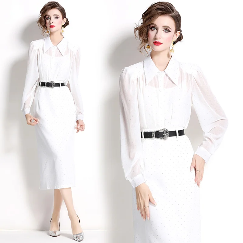 Luxury Autumn High-grade Fashion Set Bubble Sleeve Heavy Iron Drill Shirt High Waist Skirt Set Dress for Women White Robe