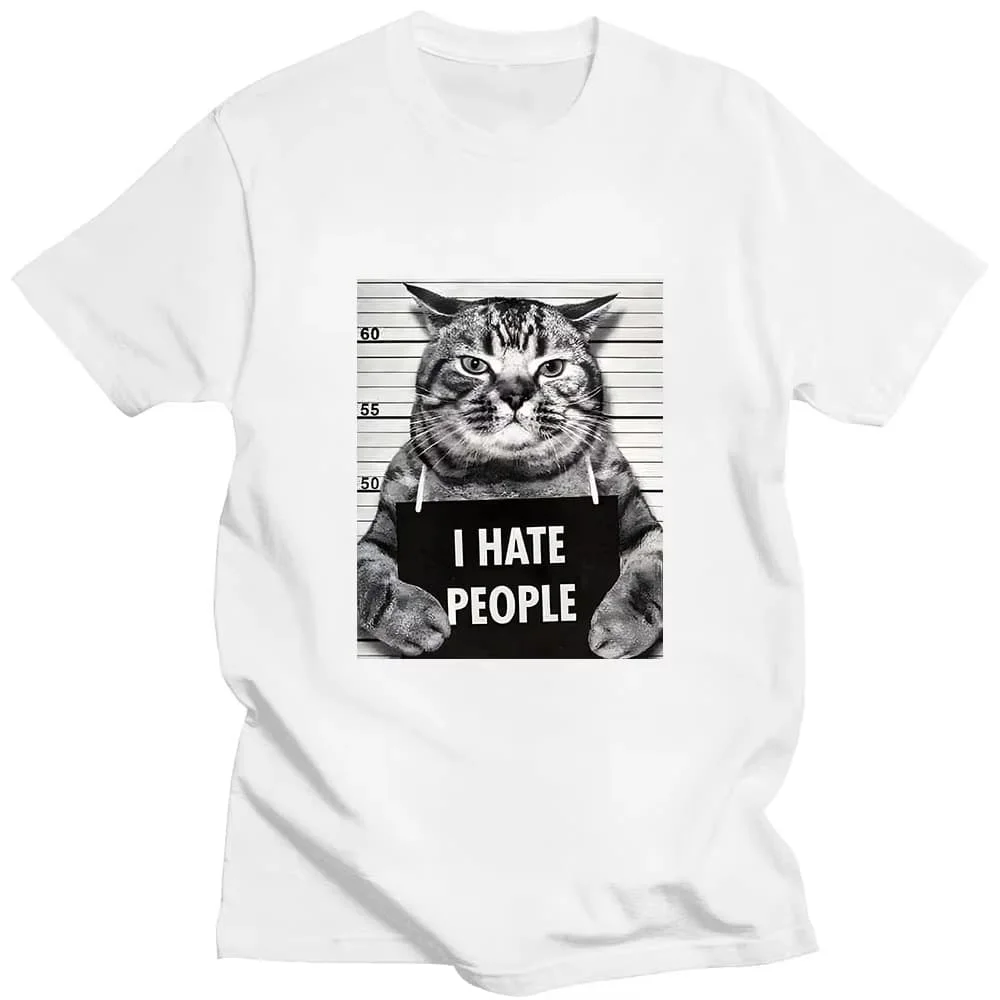 

I Hate People Meow Print T-shirt Fun Cat Print T Shirts Loose Street Short Sleeve Female_Male 100_ Cotton Clothing Casual Tshirt