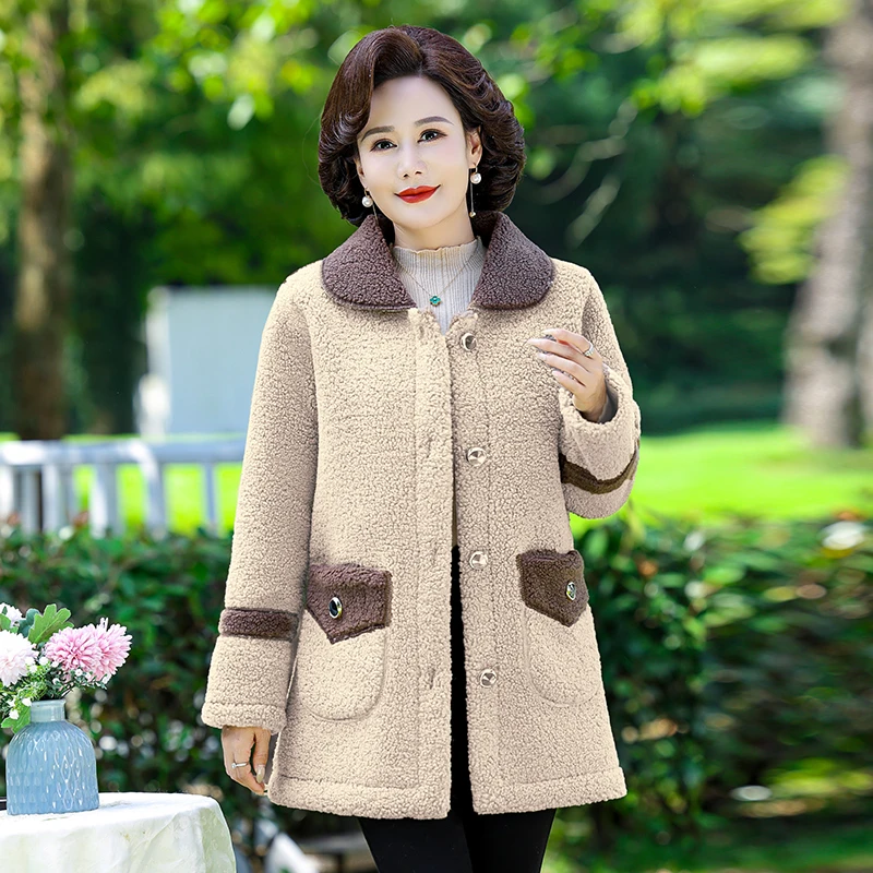 Autumn Winter Women Jacket Thick Fleece Warm Coat Ladies Lamb Fur Coat Mid-Long Loose Mother Dress Female Jacket