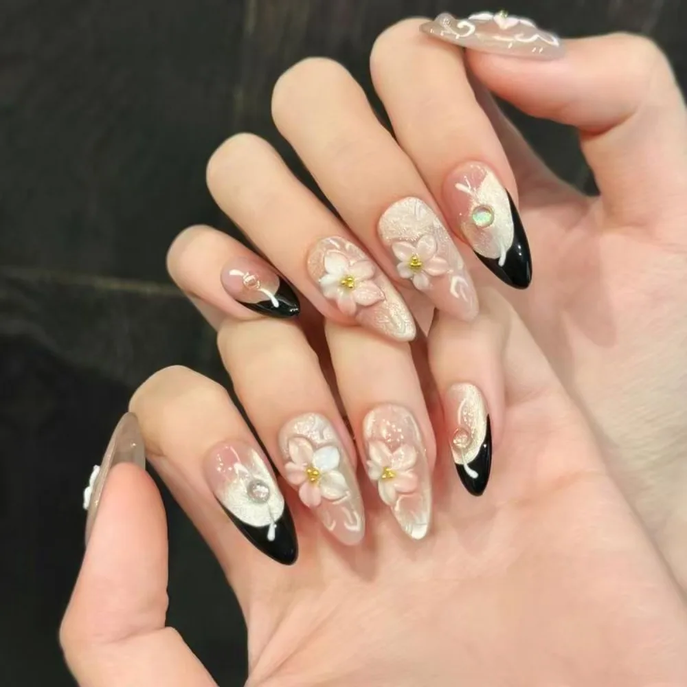 Manicure Long Almond False Nails Gilding Flower Tomato Aurora Fake Nails French Detachable Nail Tips DIY