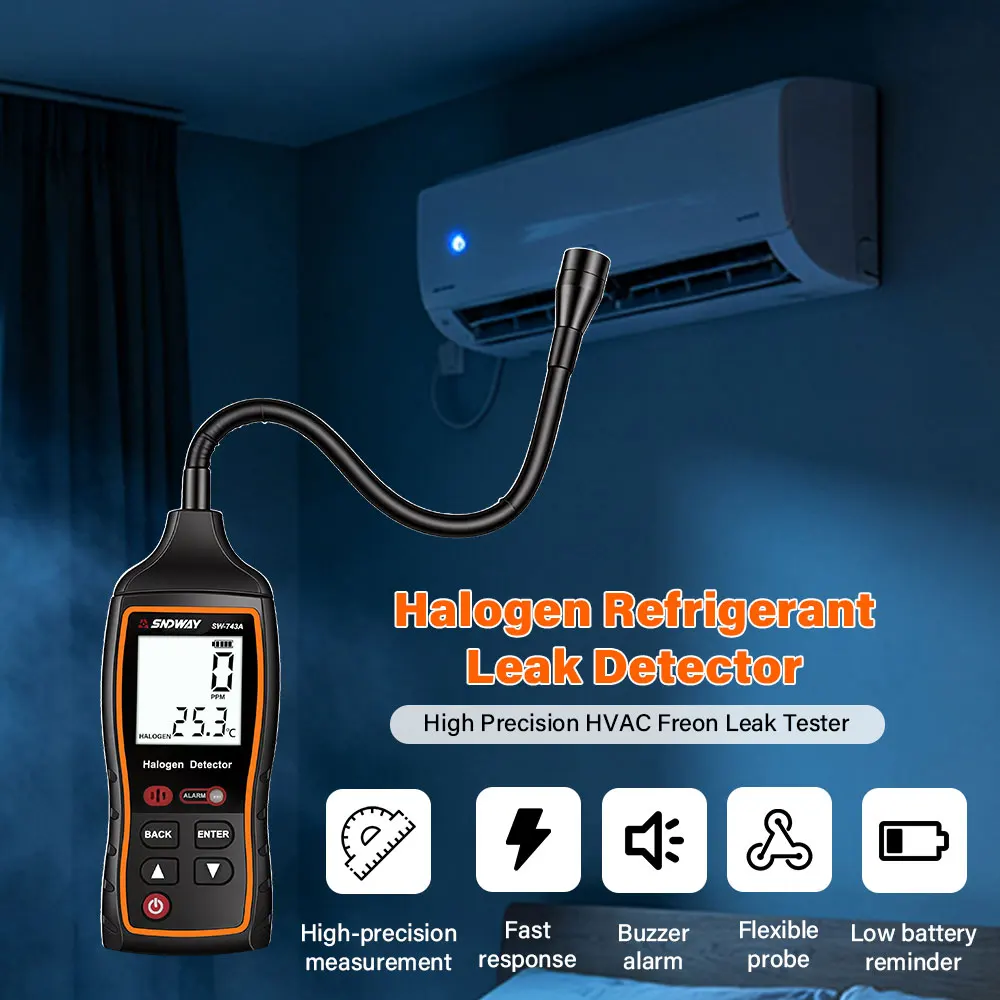 SW-743A Halogen Leak Detector Refrigerant Gas Sniffer 0-1000PPM LCD Backlight For HVAC R134a R22 R32 Freon Air