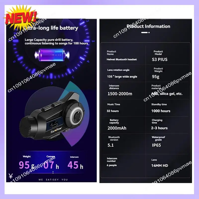 T24C S3 Plus Motorradhelm Bluetooth Intercom Headset 2K Videorecorder DVR Dash Cam unterstützt 6 Personen