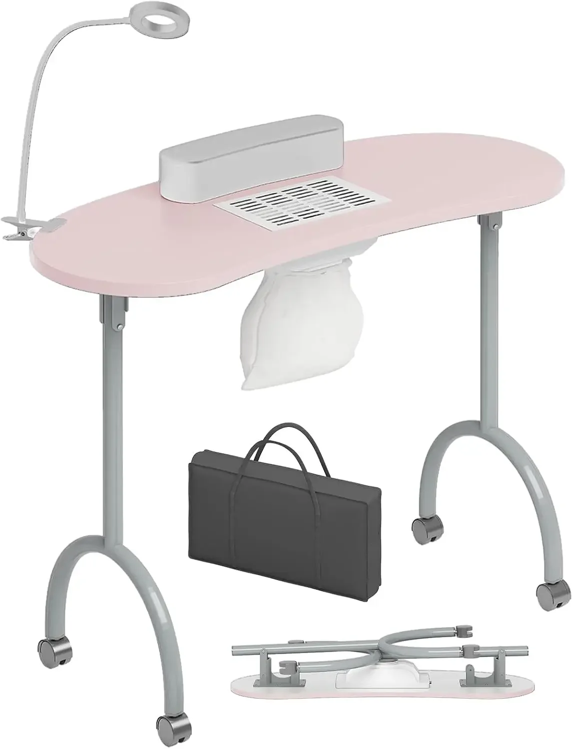 Portable Manicure Nail Table, Foldable Manicure Table with Dust Collector Fan, LED Lamp, 4 Lockable Wheels and Carry Bag, Profes