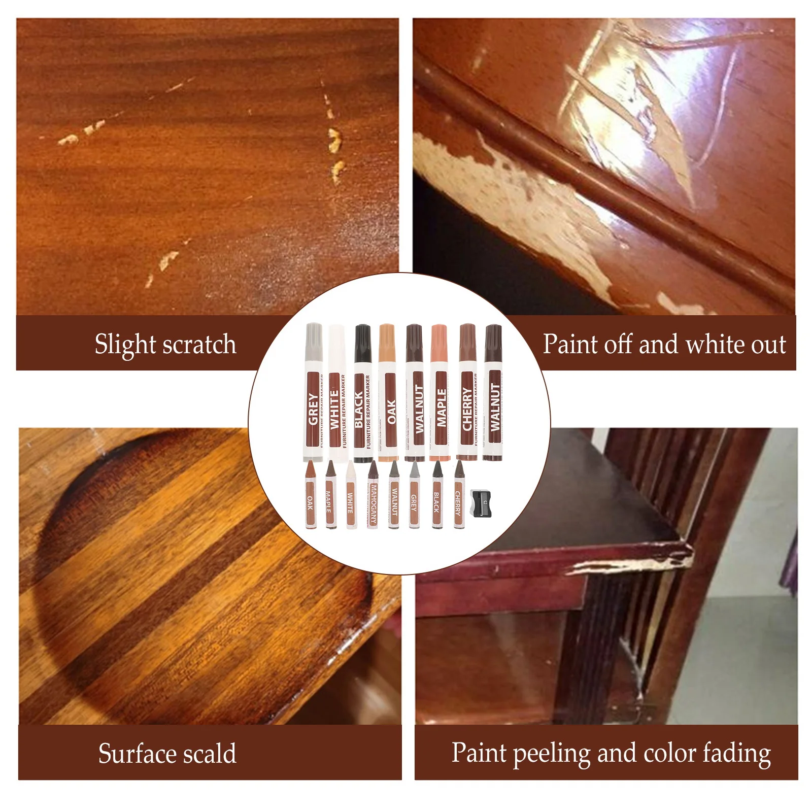 

Furniture Repair Pen Set 8 Pens 8 Crayons Sharpener Strong Coverage Wood Marker Touch Up Paint Kit For Furniture Floor Wooden