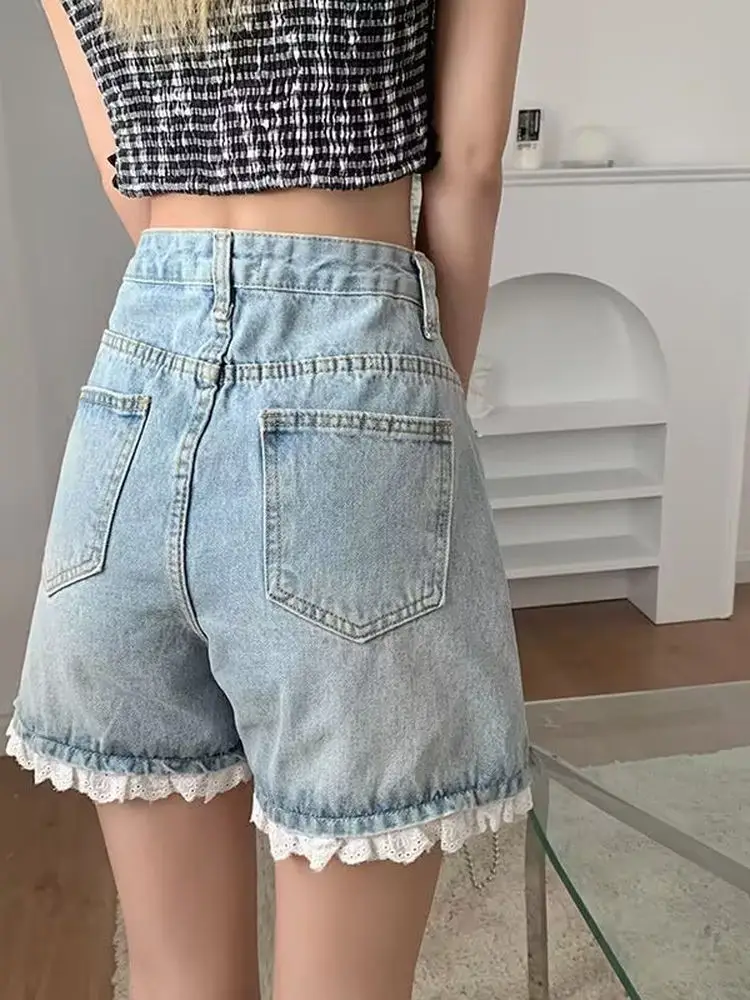 Pantaloni a gamba larga casual estivi da donna in denim leggero vestibilità ampia con bordi in pizzo a vita alta plus Size Hot Girls
