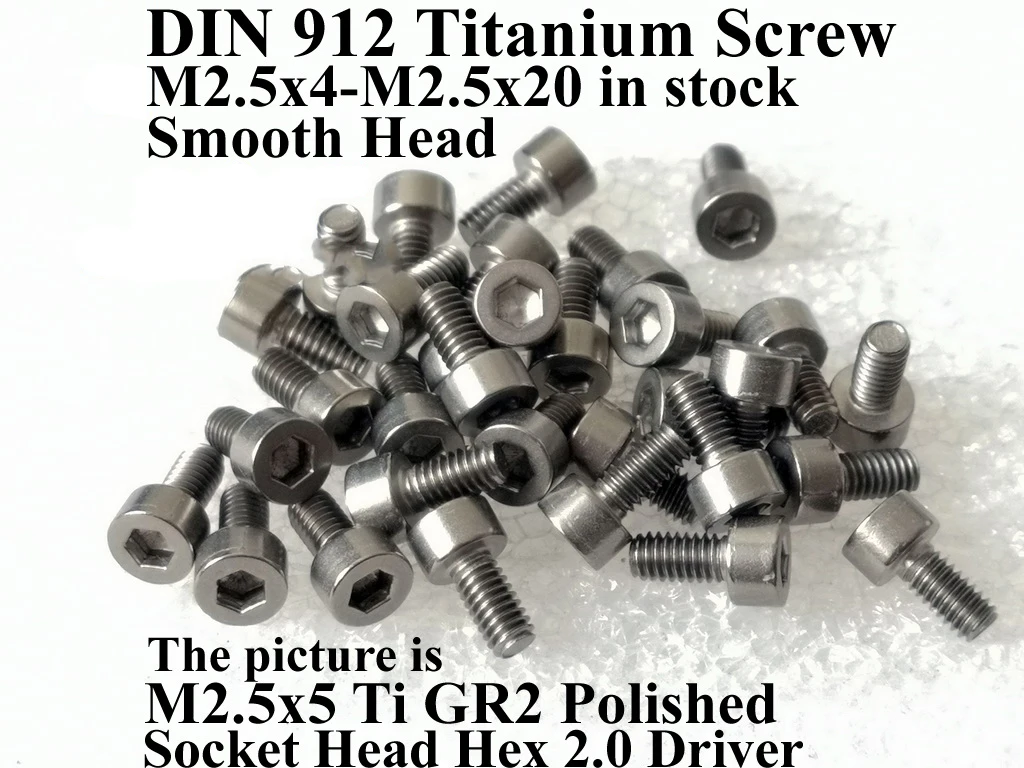 Smooth Head DIN 912 M2.5 Titanium Screws M2.5x4 M2.5x5 M2.5x6 M2.5x8 M2.5x10 M2.5x12 M2.5x16 M2.5x18 M2.5x20 Hex2.0 Ti GR2
