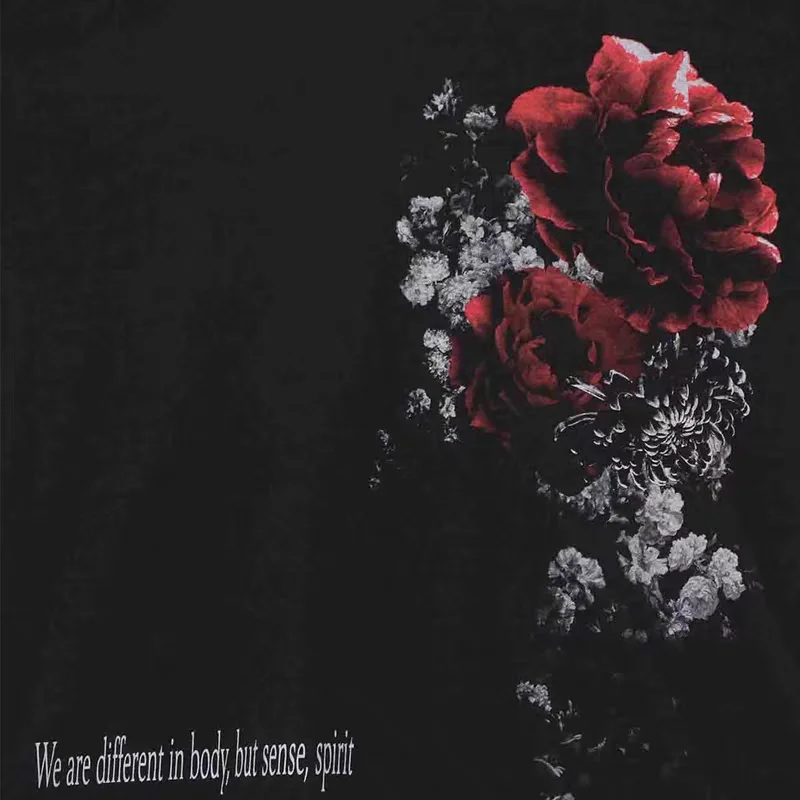 YAMAMOTO-Style T-shirt,HighQuality Dark Theme"Red Forest Flowers" Pattern Printed