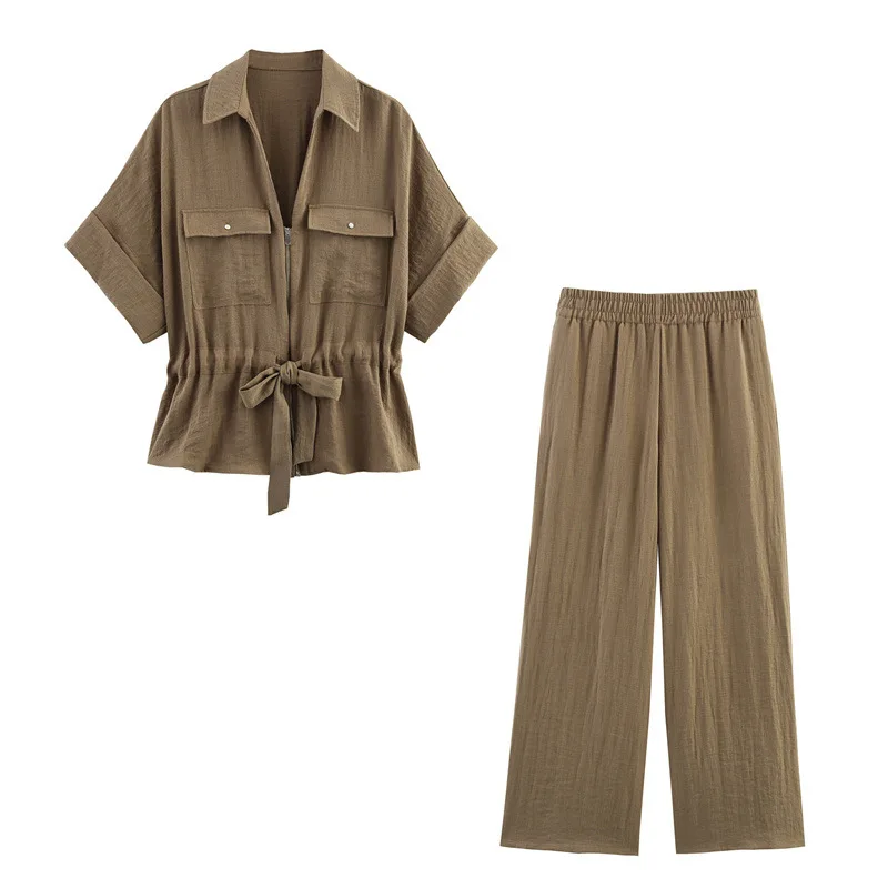 Loungewear Women Fashion Suit Turn-Down Collar Long Sleeve Zipper Shirts+High Waist Long Pants Female Sets Wide-leg Trousers