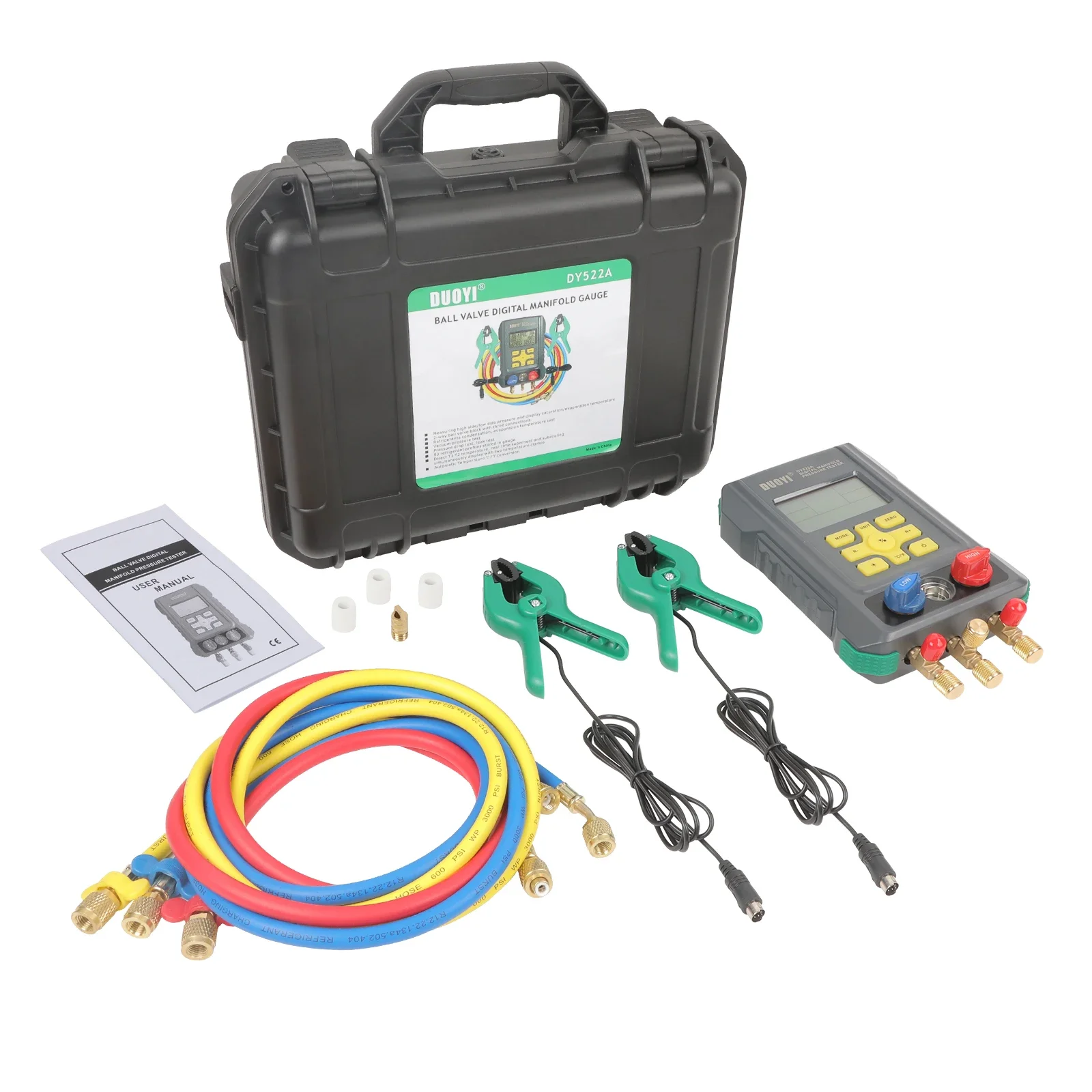 Kit di manometri digitali DY522A per sistemi HVAC, strumento per la misurazione della pressione, della temperatura e del vuoto, nonché per il test di supercalore, sottoraffreddamento e perdite,