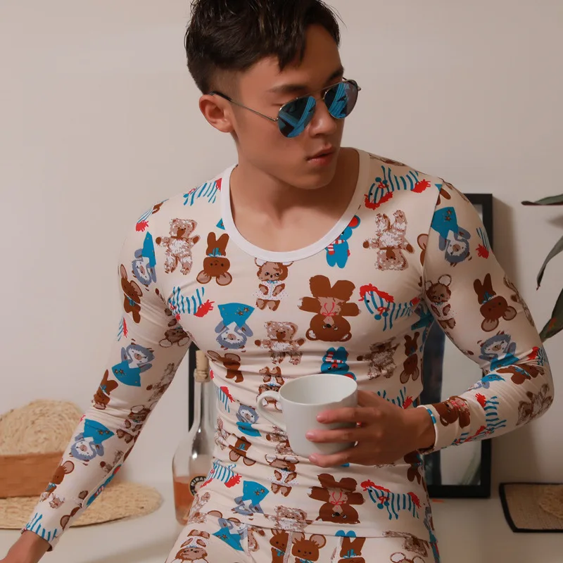 

Cartoon Printed Thermal Underwear Top for Men Full Cotton Breathable Comfortaable Warm Nightwear Basic Teenager Fashion Pullover