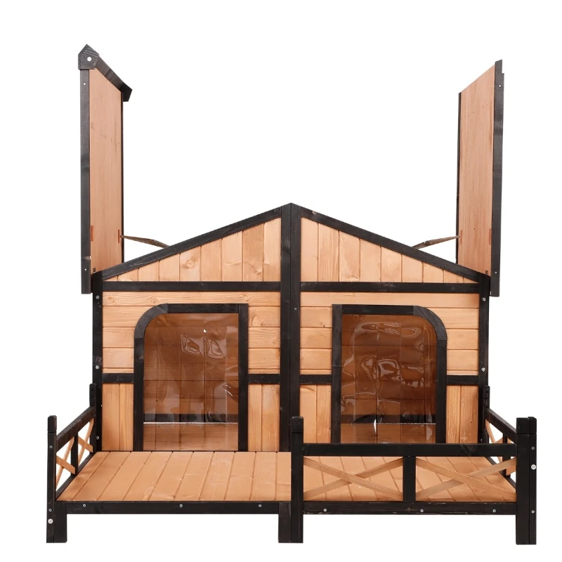 

Wooden Dog House Cabin Style Elevated Weather Waterproof Outdoor Large Pet Dog House Lodge With Porch Spacious Deck