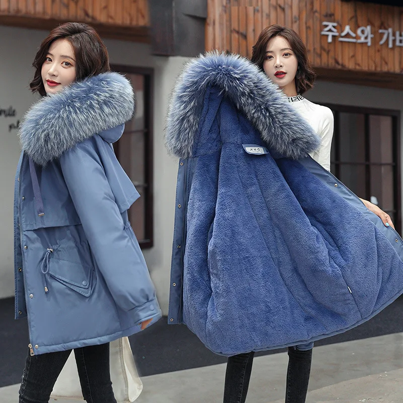 

Fur Lining Hooded Mid Long Thicke Warm Cotton Padded Jacket Winter New Women Parkas Jacket Coat Winter Clothes Female Outwear