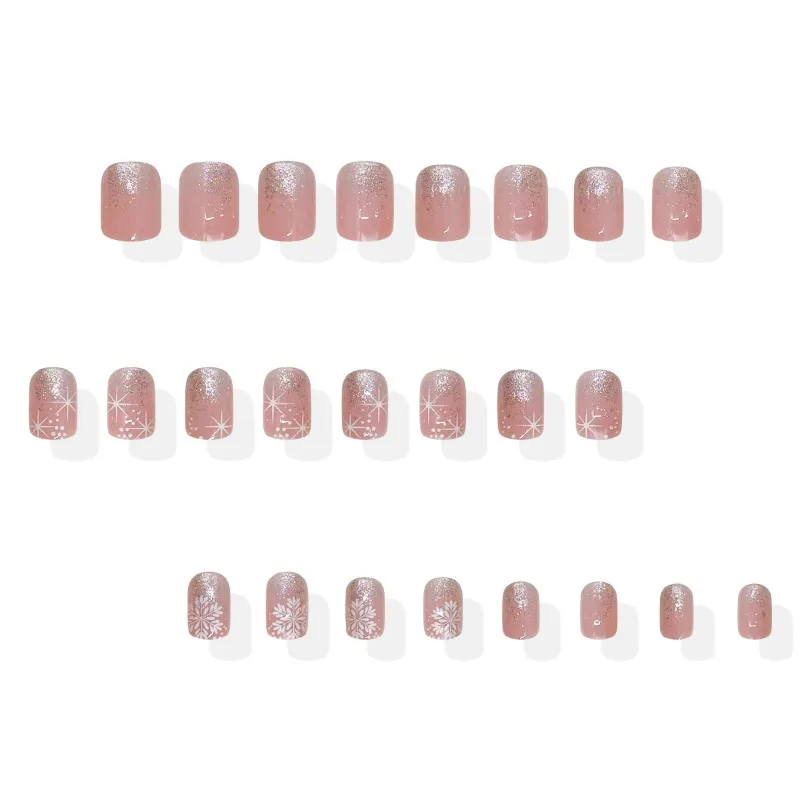 ชุดเล็บปลอม 24 ชิ้น คอลเลคชั่นฤดูหนาว สีเงินกลิตเตอร์ไล่เฉด พร้อมเกล็ดหิมะสีขาวและดาวสี่แฉก ของขวัญที่สมบูรณ์แบบสำหรับสาวๆ