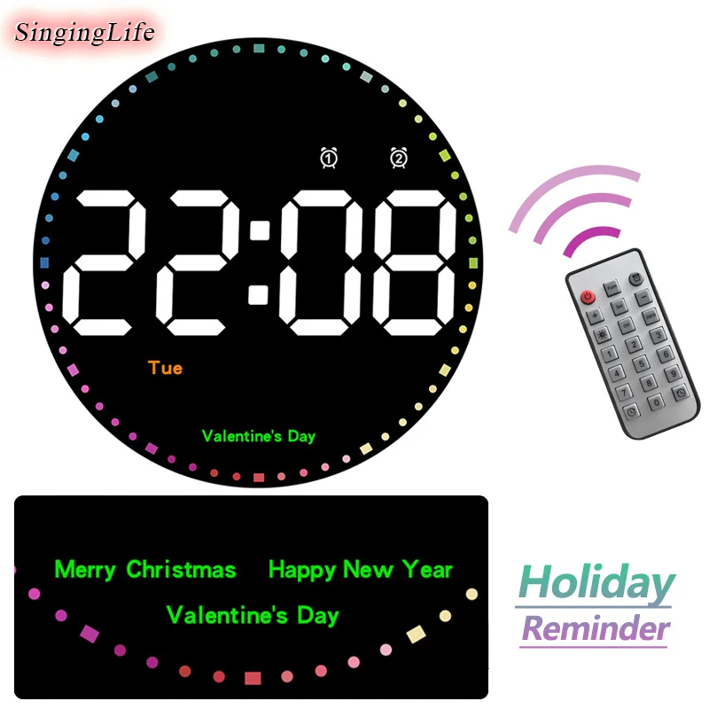 

Large Round Digital Wall Clock Time/Date/Temp Alarm Clock Colorful Stopwatch Lights Remote Control Clocks With Holiday Reminder