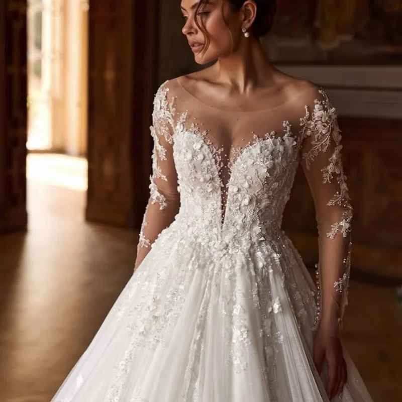 

Белые аппликации, кружевные свадебные платья с открытыми плечами и длинными рукавами, 3D цветочная наклейка, свадебные платья на заказ