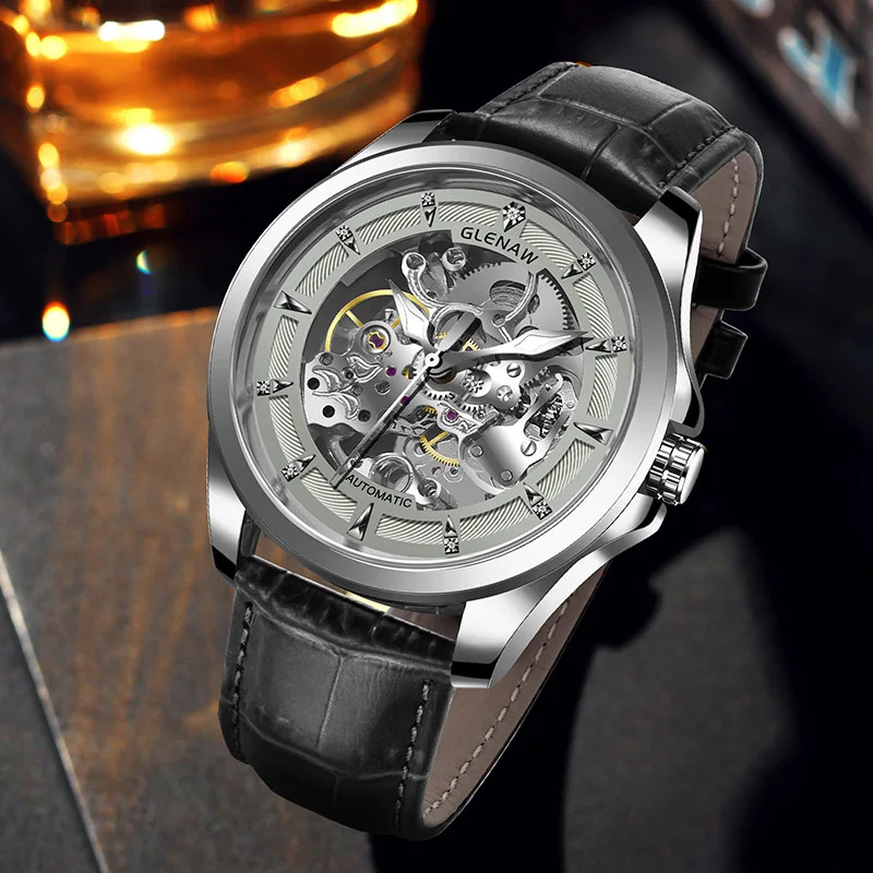 GLENAW Skeleton Mechanical Watch Men Vintage Engraved Auto Mechanical Wrist Watches Gold Stainless Steel Strap Erkek Kol Saati