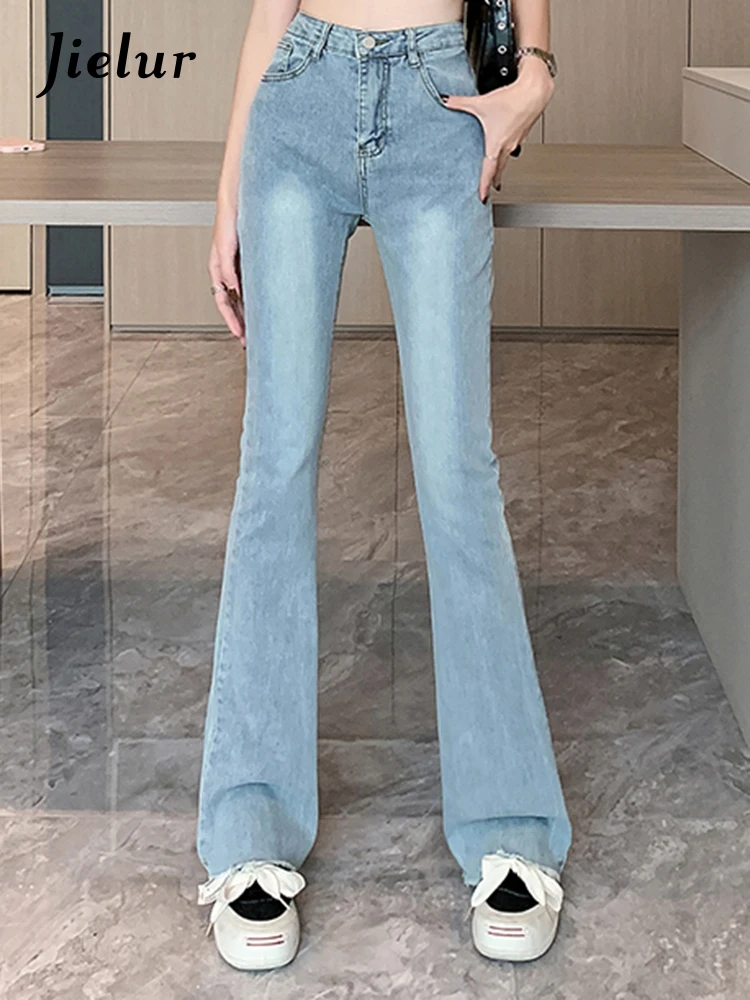 

Jielur Light Blue Streetwear Female Jeans New High Waist Slim Full Length Pockets Casual Flare Pants Simple Chic Office Ladies