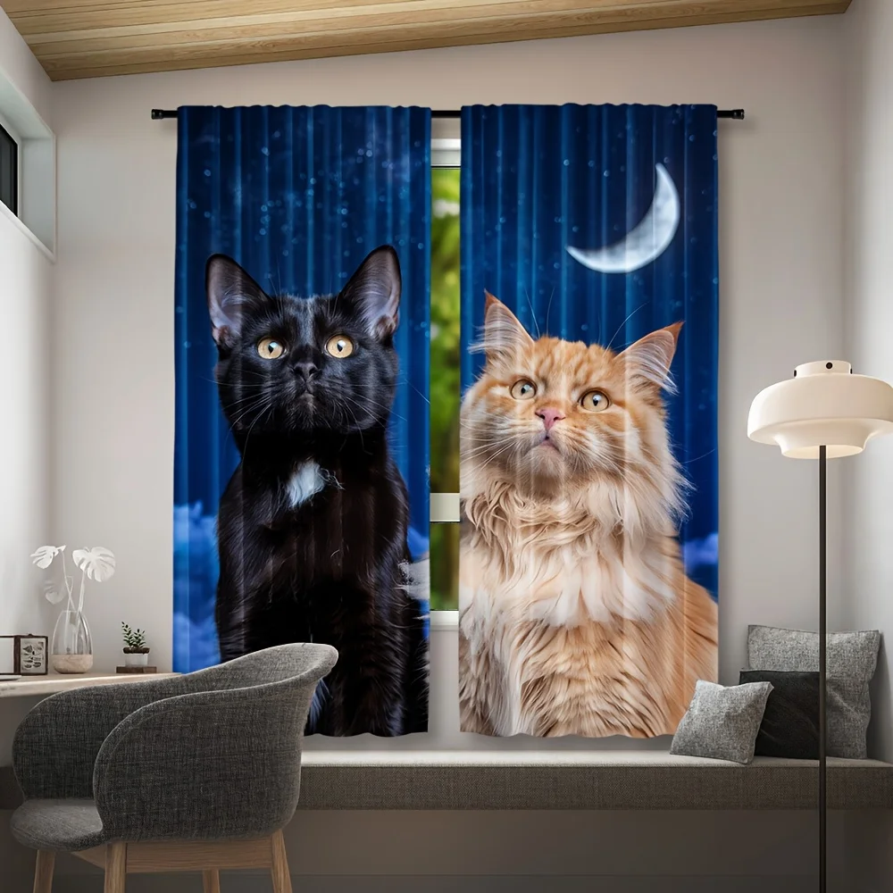 Night Sky Kitten Window Curtains 2 Panels, Tuxedo Cat Fluffy Ginger Cat Moon Star Cloud Vivid Print Drapes for Pet Room Decor
