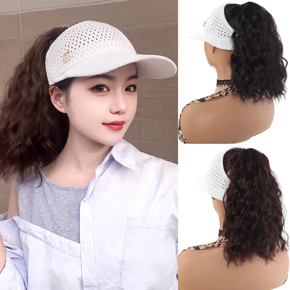 12inch White hollow top hat corn bearded ponytail hat wig female wig heat-resistant fiber wig simple and natural to wear