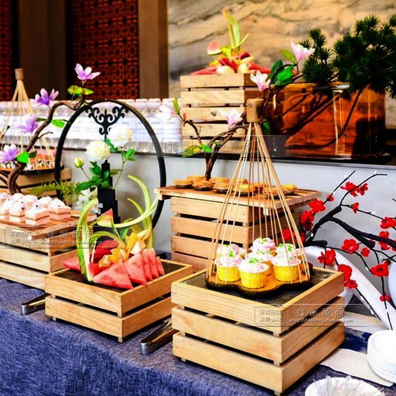 Chinese buffet, tea break table, cold meal, wooden dim sum stand, sushi pastry and dessert table, press conference display stand