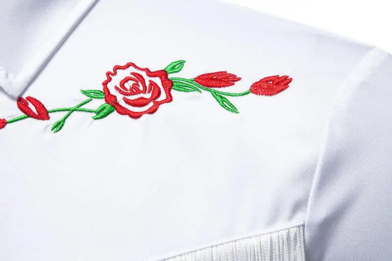 Male Retro Casual Over Size Tassels Shirts Trendy Men 2025 Four Seasons Wear Costume Rose Embroidered Flower Long Sleeve Shirt