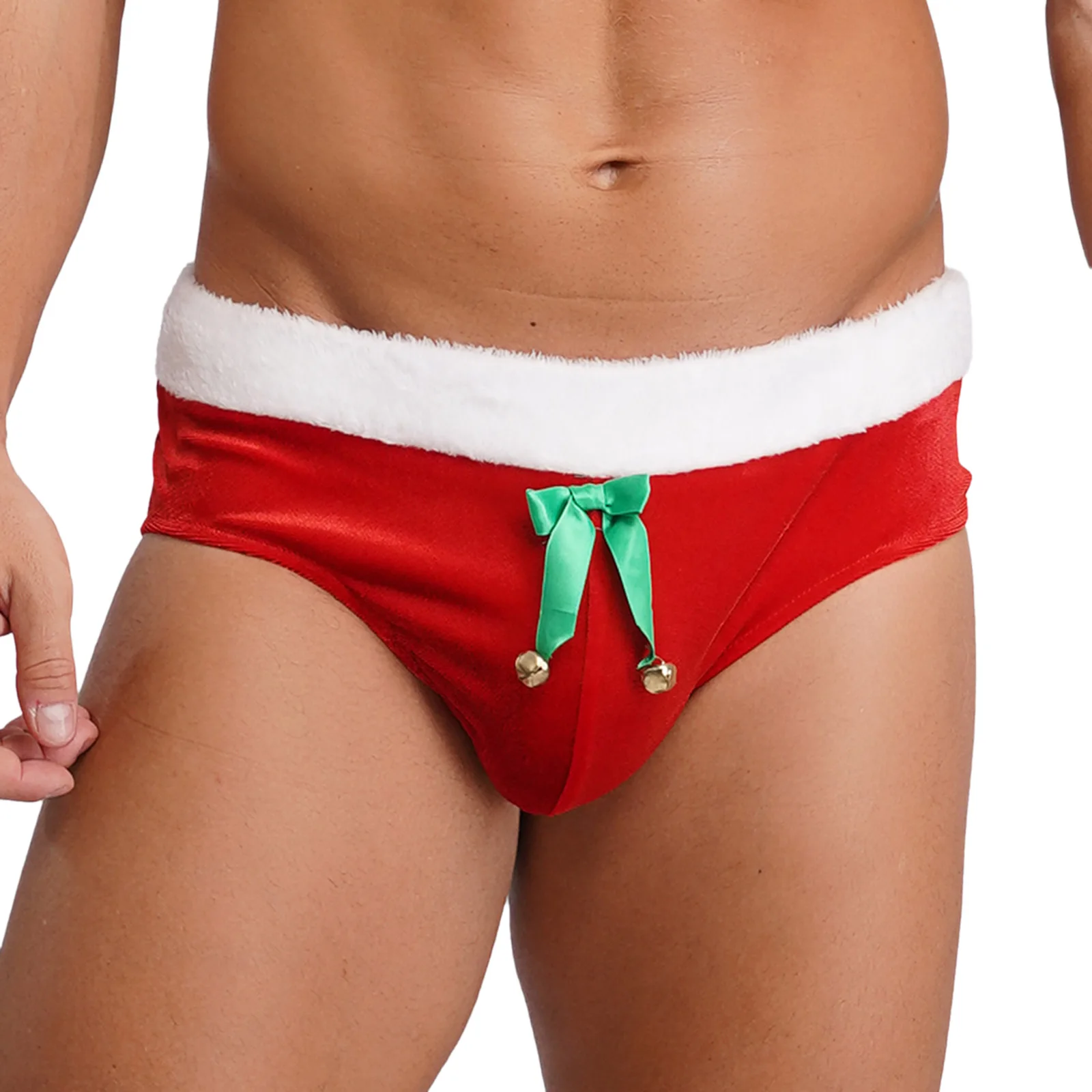 Mens Christmas Santa Claus Velvet Briefs Plush Waistband Bulge Pouch Bow And Bells Decor Underwear Lingerie for New Year Party