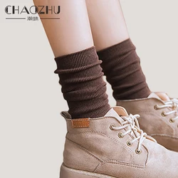 CHAOZHU  Japanese Korea High School Girls High Socks Loose Solid Colors Double Needles Knitting Cotton Long Socks Women