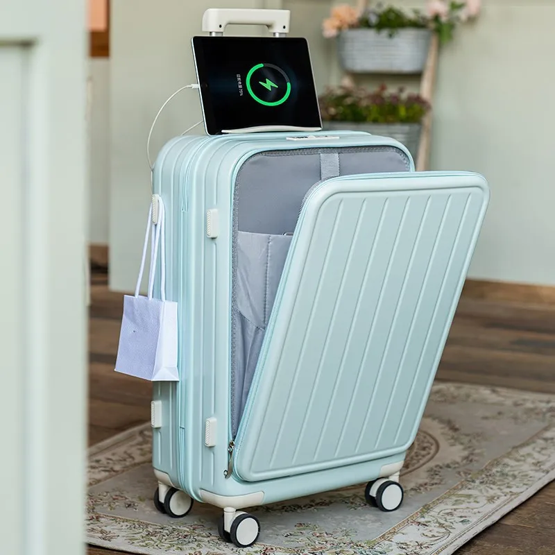 Valise rigide PC avec poche avant, chariot Spinner avec serrures, porte-gobelet d'eau, bagages à main, port de charge USB