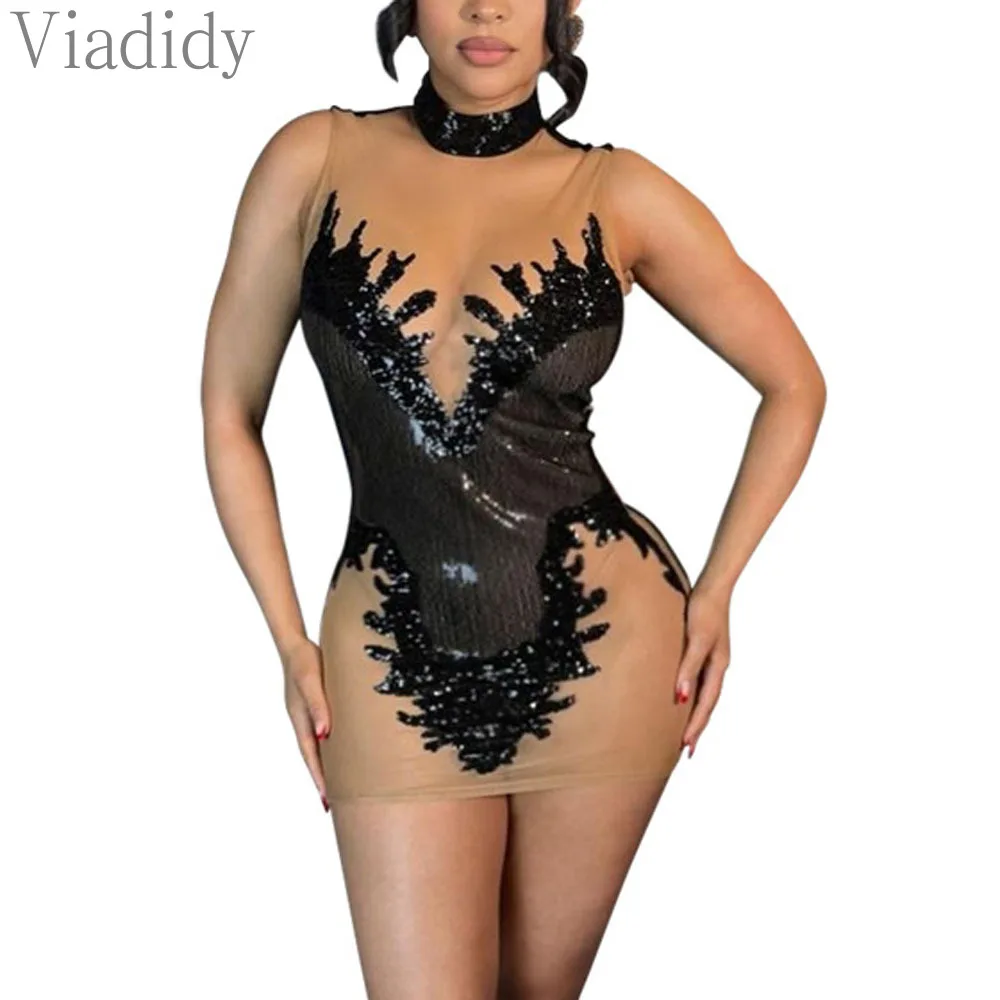 Frauen Sexy Einfarbig Durchsichtig Sheer Mesh Ärmelloses Pailletten Dekor Mini Kleid