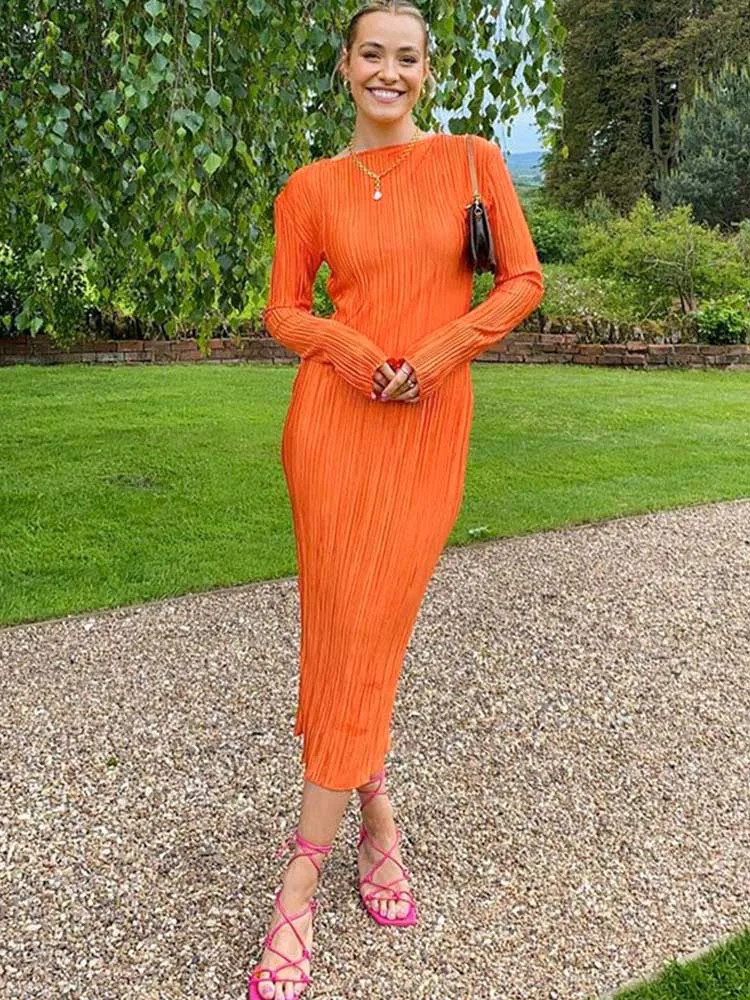 Elegante Bodycon Jurk Voor Vrouwen 2024 Effen O-Hals Flare Mouwen Lange Zomerjurken Vakantie Vestidos Zwart Rood Oranje