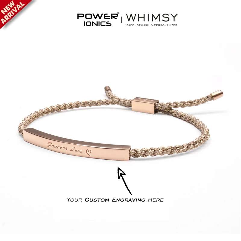 Power Ionics Whimsy New Trend Fashion 18K RoseGold Plated Unisex Slim Souvenir Bracelet Free Engrave