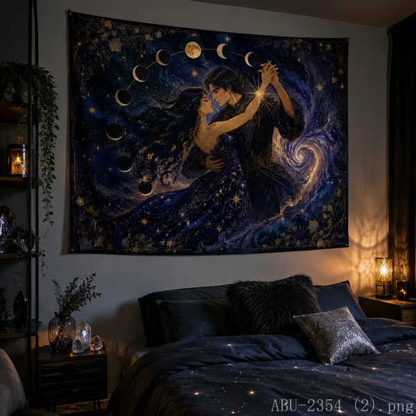 VIKAMA Celestial Couple Dancing Tapestry Moon Phase Star Galaxy Wall Hanging Spiritual Witchy Boho Bedroom Tapestry Decor