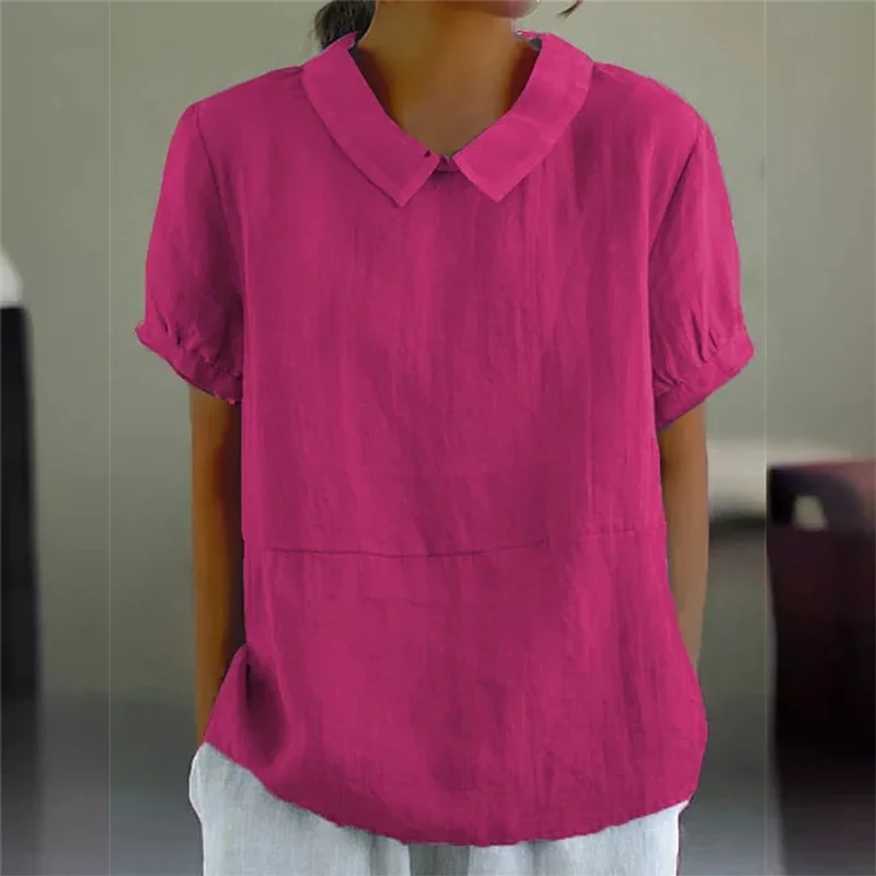 Solid Color Cotton Linen Lapel Pullover Shirt Women Summer Short Sleeve Blouse Female Comfortable Casual Simple Style Tops 2025