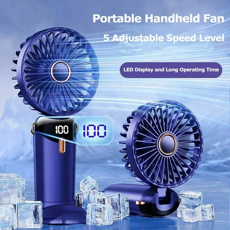 Handheld Mini Fan 3000mAh Foldable Portable Desk Outdoor Neck Hanging 5 Speed USB Rechargeable Fan Phone Stand Display Screen