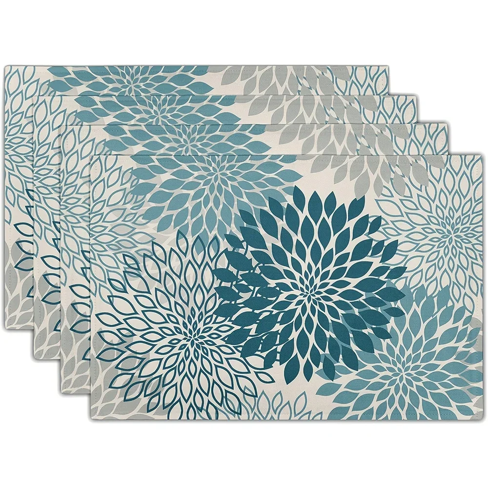 

4pcs Blue Dahlia Placemats - 12x18" Washable Floral Table Mats, Modern Geometric Design for Kitchen,Outdoor Dining & Party Decor