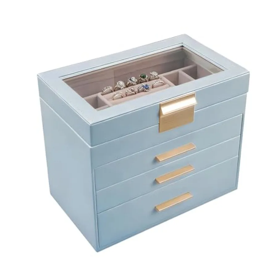 

5-слойная шкатулка для драгоценностей для женщин, стеклянная крышка, органайзер для ювелирных изделий с 5 ящиками для ожерелья, колец, серег, браслетов - белый, серый bl