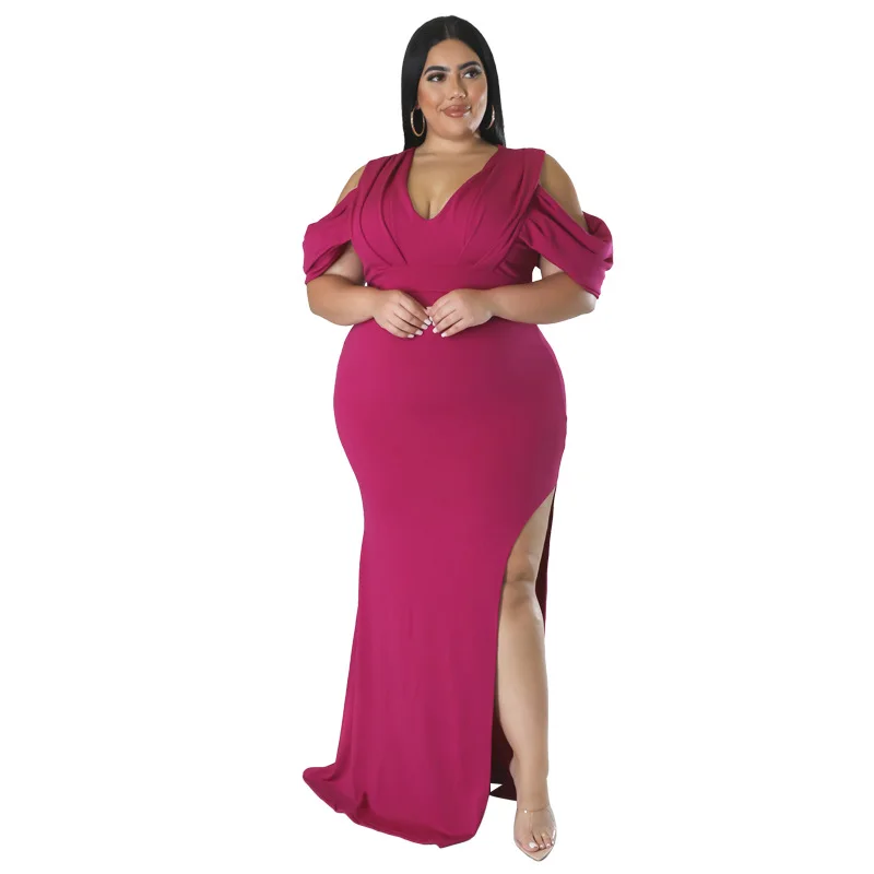 SOMO-Vestidos Elegantes de talla grande para mujer, vestido de noche de fiesta, abertura alta, Sexy, Color sólido, venta al por mayor, envío