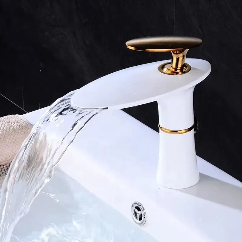 

Modern Bathroom Brass Water Mixer Tap White Gold Waterfall Basin Faucet Hot and Cold Water