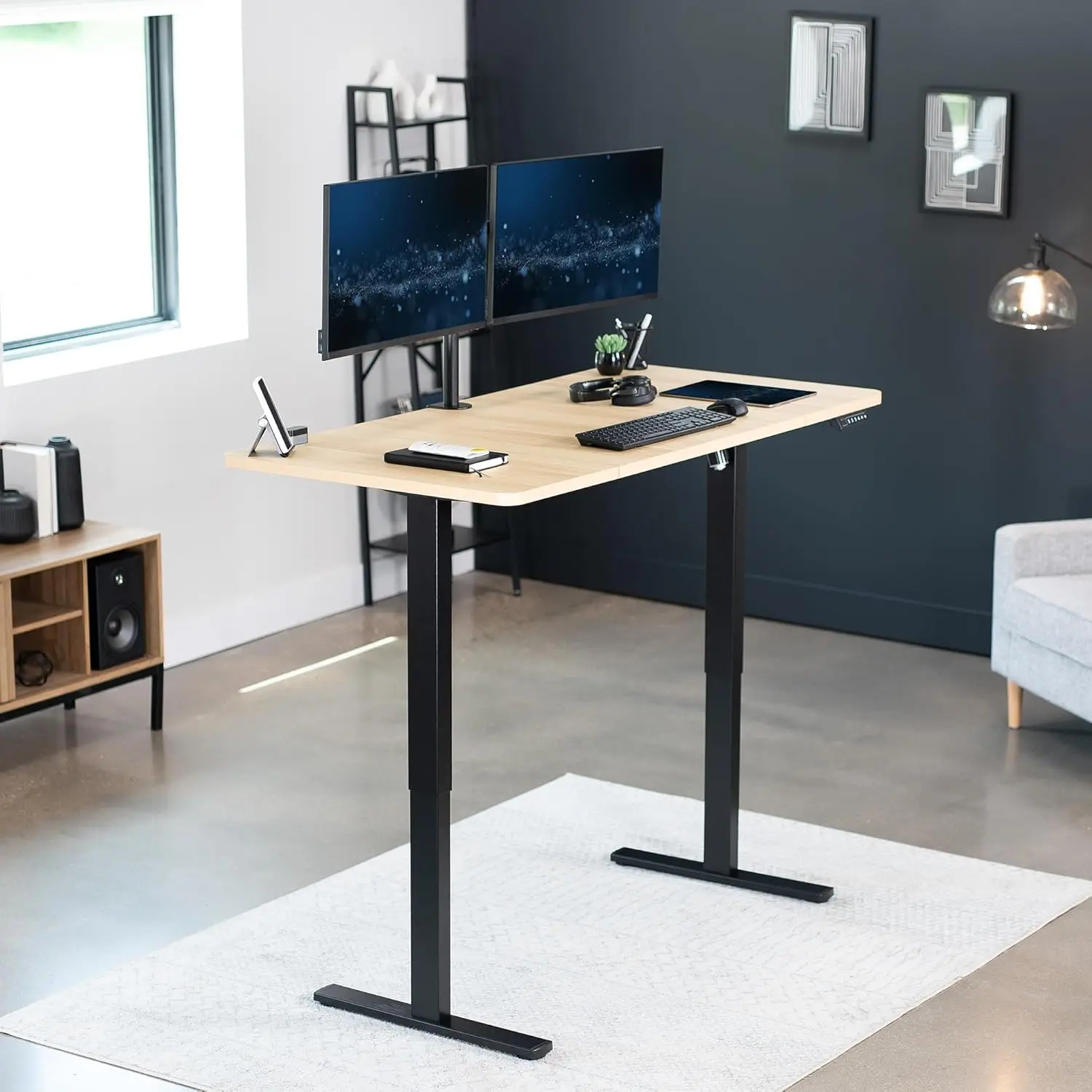 Electric 60 x 30 inch standing desk workstation, memory controller height adjustment, light wood top black frame