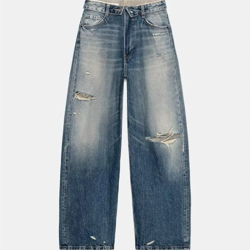 

New Women's Denim Pants Mid Rise Rolled Waist Jeans, Casual Straight Leg Trendy Street Fashion Daily Streetwear Denim Trousers