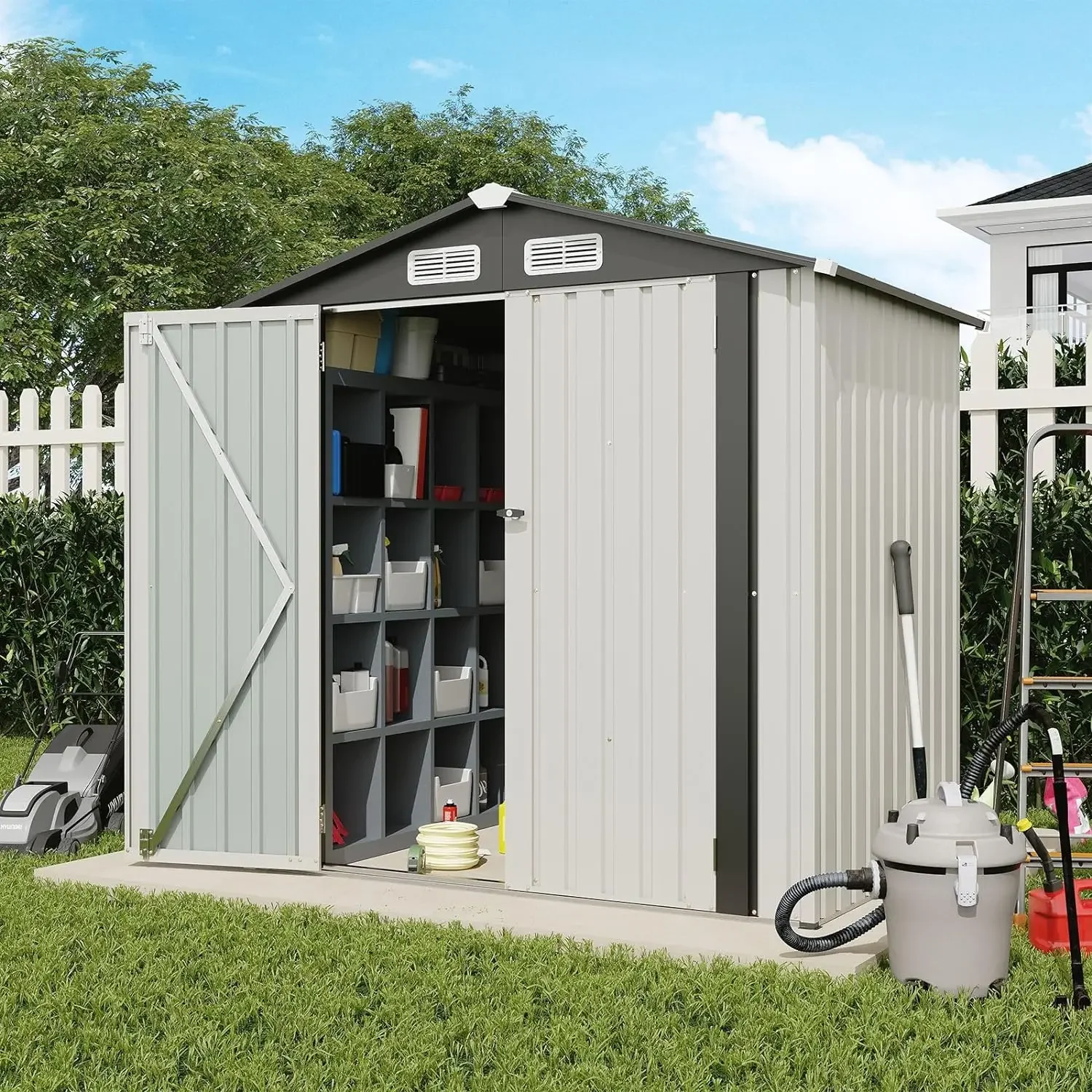 

6x4 FT Outdoor Storage Shed, Galvanized Steel Metal Garden Shed, Double Door W/Lock, Outdoor Storage Tool House for Backyard