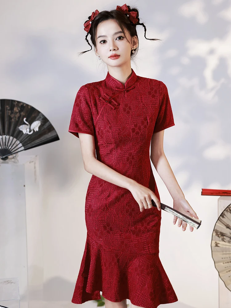 

Красное свадебное платье в стиле ципао для помолвки, новое, модное, китайское свадебное платье для невесты